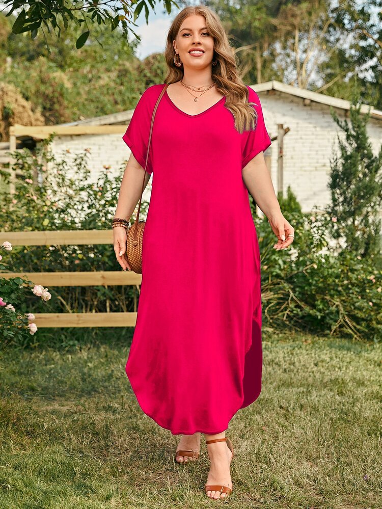 SHEIN LUNE Plus Solid Split Thigh Curved Hem Dress Without Belt - Hot Pink - View 6