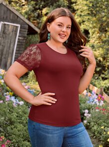 SHEIN Clasi Camiseta con encaje en contraste - Granate - Ver 3