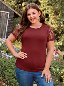 SHEIN Clasi Camiseta con encaje en contraste - Granate - Ver 4