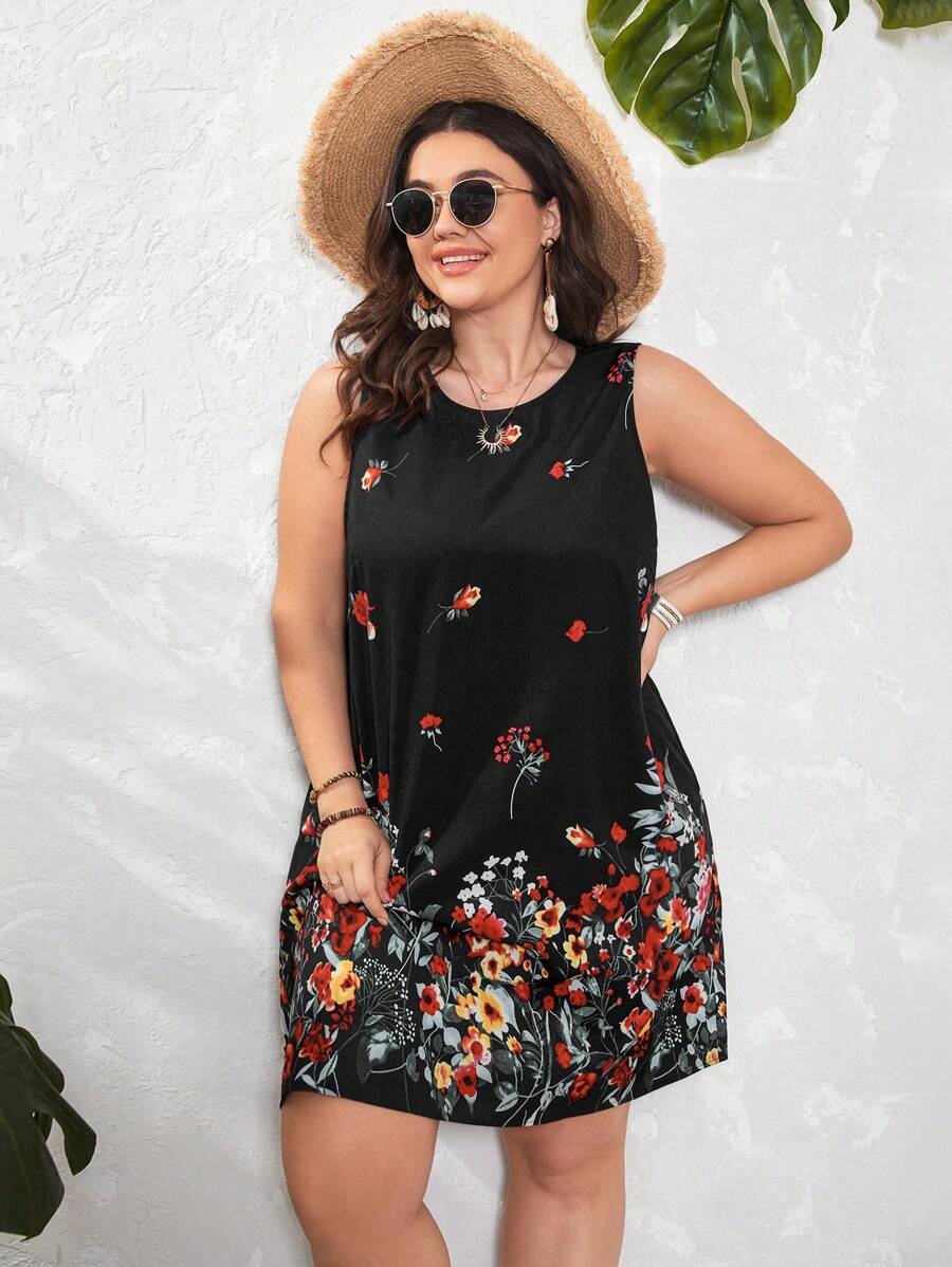 SHEIN LUNE Vestido tank con estampado floral - Negro - Ver 1