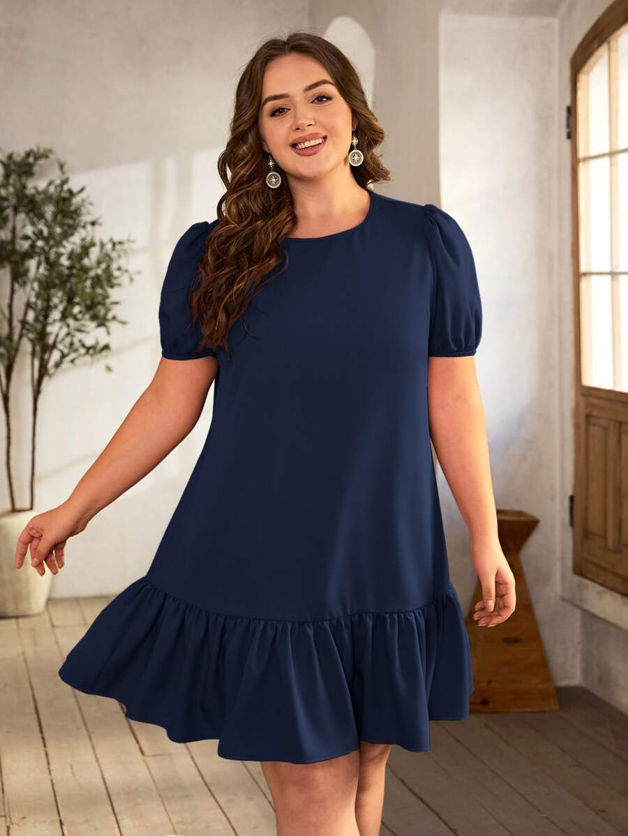 SHEIN Clasi Vestido smock de manga farol bajo con fruncido - Azul Marino - Ver 1