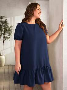 SHEIN Clasi Vestido smock de manga farol bajo con fruncido - Azul Marino - Ver 3