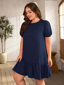 SHEIN Clasi Vestido smock de manga farol bajo con fruncido - Azul Marino - Ver 4