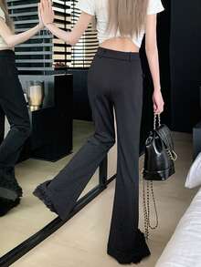 素色高腰喇叭褲 - 黑色 - 查看 3