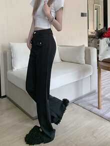 素色高腰喇叭褲 - 黑色 - 查看 5