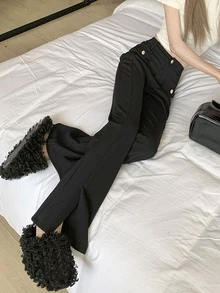 素色高腰喇叭褲 - 黑色 - 查看 6