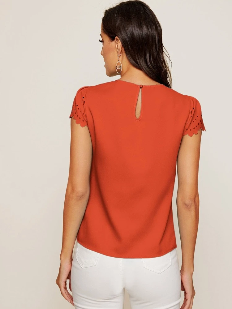 Scallop Trim Laser Cut Sleeve Pleated Detail Top