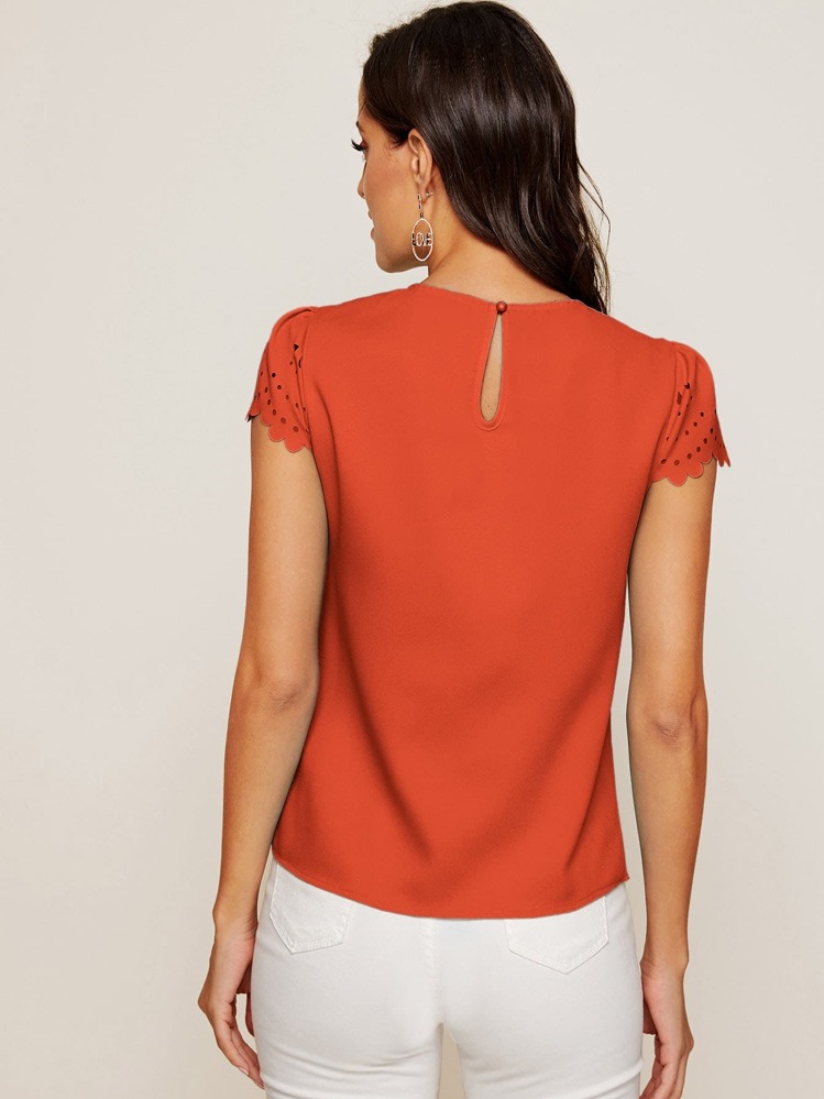 SHEIN Clasi 貝殼邊鏤空袖百褶細節上衣 - 亮橙色 - 查看 2