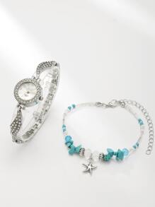 1 chiếc đồng hồ thạch anh trang trí bằng đá thạch anh & 1 chiếc vòng tay sao biển quyến rũ - Bạc - Xem 1