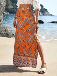 SHEIN VCAY Paisley Print Split Thigh Skirt - Orange - View 1