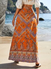 SHEIN VCAY Paisley Print Split Thigh Skirt - Orange - View 2