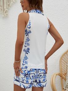 SHEIN VCAY 印花前紐扣襯衫和短褲 - 藍白色 - 查看 2