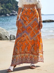 SHEIN VCAY Paisley Print Split Thigh Skirt - Orange - View 5