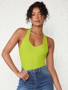 SHEIN BASICS Chất rắn Scoop Cổ Racerback Bodysuit dây - Màu xanh chanh - Xem 3