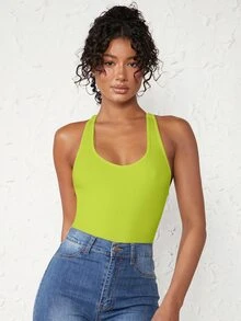 SHEIN BASICS Chất rắn Scoop Cổ Racerback Bodysuit dây - Màu xanh chanh - Xem 7