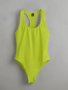 SHEIN BASICS Chất rắn Scoop Cổ Racerback Bodysuit dây - Màu xanh chanh - Xem 8