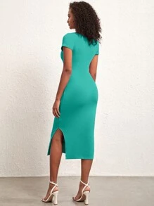 SHEIN BASICS Vestido ajustado De Punto Acanalado Con Muslo Dividido Sólido - Azul Cadete - Ver 2
