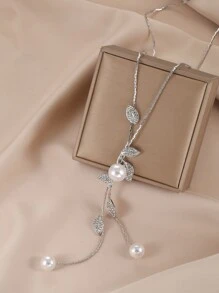 Long Necklace Rhinestone Leaf & Faux Pearl Decor Y Lariat Sweater Chain Necklace