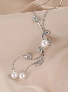 Long Necklace Rhinestone Leaf & Faux Pearl Decor Y Lariat Sweater Chain Necklace
