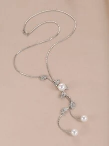 Long Necklace Rhinestone Leaf & Faux Pearl Decor Y Lariat Sweater Chain Necklace