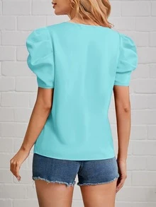 SHEIN Clasi 缺口領泡泡袖褶皺細節襯衫 - 薄荷藍 - 查看 2