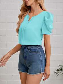 SHEIN Clasi 缺口領泡泡袖褶皺細節襯衫 - 薄荷藍 - 查看 3