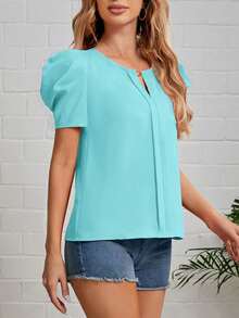 SHEIN Clasi 缺口領泡泡袖褶皺細節襯衫 - 薄荷藍 - 查看 4