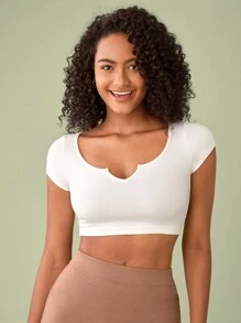 SHEIN BASICS Đường viền cổ có rãnh Áo phông Crop - trắng - Xem 1