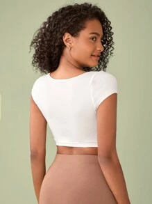 SHEIN BASICS Đường viền cổ có rãnh Áo phông Crop - trắng - Xem 2