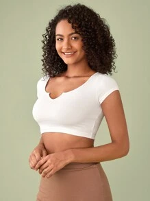 SHEIN BASICS Đường viền cổ có rãnh Áo phông Crop - trắng - Xem 3