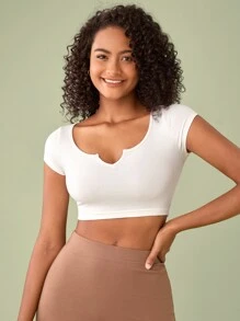 SHEIN BASICS Đường viền cổ có rãnh Áo phông Crop - trắng - Xem 4