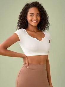 SHEIN BASICS Đường viền cổ có rãnh Áo phông Crop - trắng - Xem 5