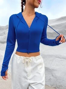 SHEIN EZwear Solid Zip Up Crop Drawstring Hooded Crop Sweatshirt - Royal Blue - View 1