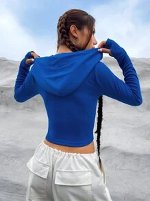 SHEIN EZwear Solid Zip Up Crop Drawstring Hooded Crop Sweatshirt - Royal Blue - View 2