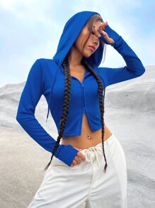 SHEIN EZwear Solid Zip Up Crop Drawstring Hooded Crop Sweatshirt - Royal Blue - View 4