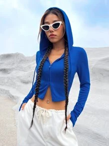 SHEIN EZwear Solid Zip Up Crop Drawstring Hooded Crop Sweatshirt - Royal Blue - View 5