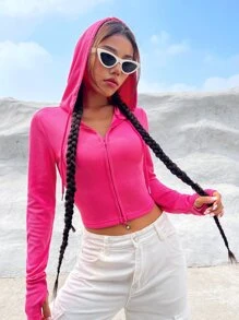SHEIN EZwear Solid Zip Up Crop Drawstring Hooded Sweatshirt - Hot Pink - View 1