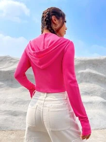 SHEIN EZwear Solid Zip Up Crop Drawstring Hooded Sweatshirt - Hot Pink - View 2