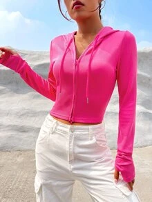 SHEIN EZwear Solid Zip Up Crop Drawstring Hooded Sweatshirt - Hot Pink - View 3