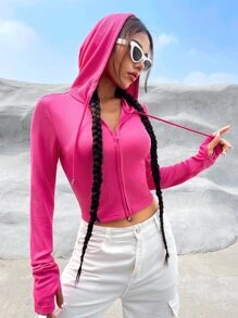 SHEIN EZwear Solid Zip Up Crop Drawstring Hooded Sweatshirt - Hot Pink - View 5