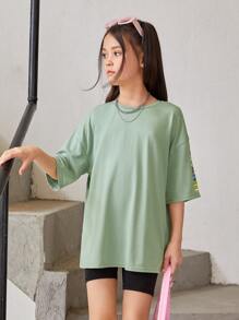 SHEIN Tops con gái Hoa Lá thư Giải trí - Màu xanh Bạc hà - Xem 5