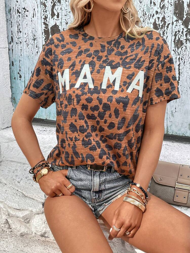 SHEIN LUNE 豹紋和字母圖案T恤 - 彩色 - 查看 4