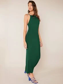 SHEIN BASICS Solid Cami Bodycon Dress - Dark Green - View 4