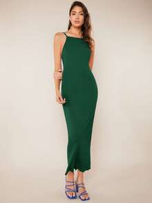 SHEIN BASICS Solid Cami Bodycon Dress - Dark Green - View 5