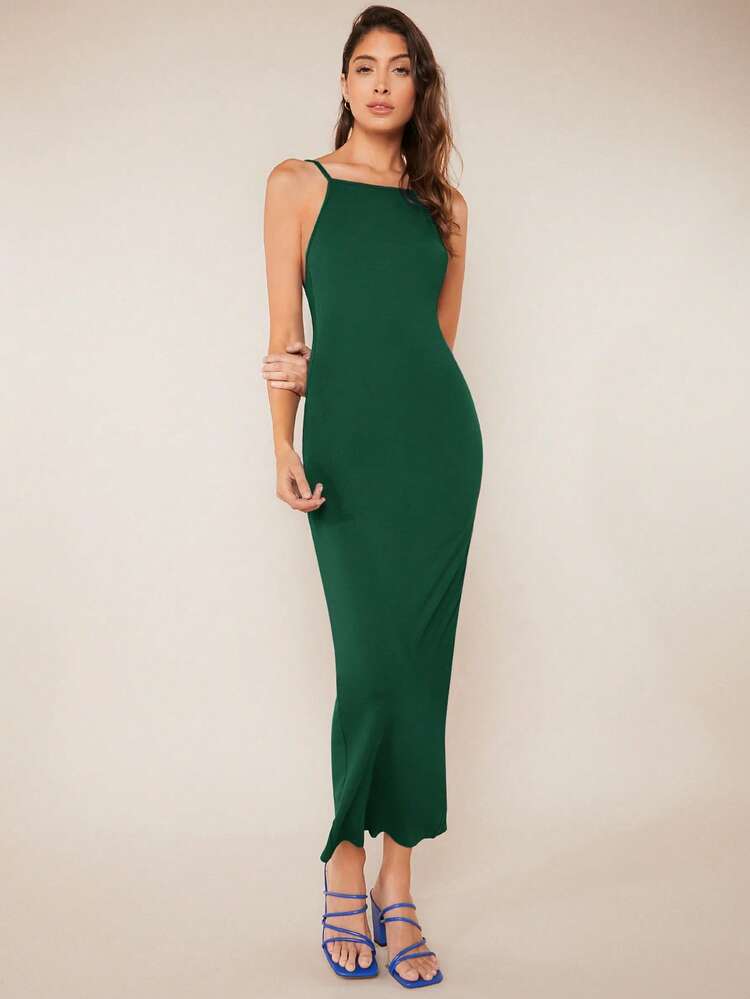 SHEIN BASICS 素色吊帶緊身連衣裙 - 墨綠色 - 查看 5