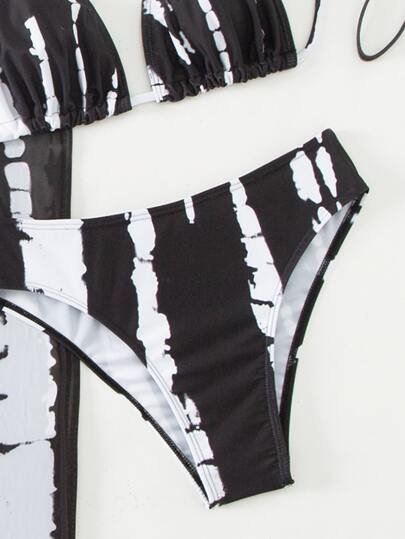 Swim SXY Conjunto de bikini de verano con estampado de tie-dye y cuello halter con cubierta para la playa