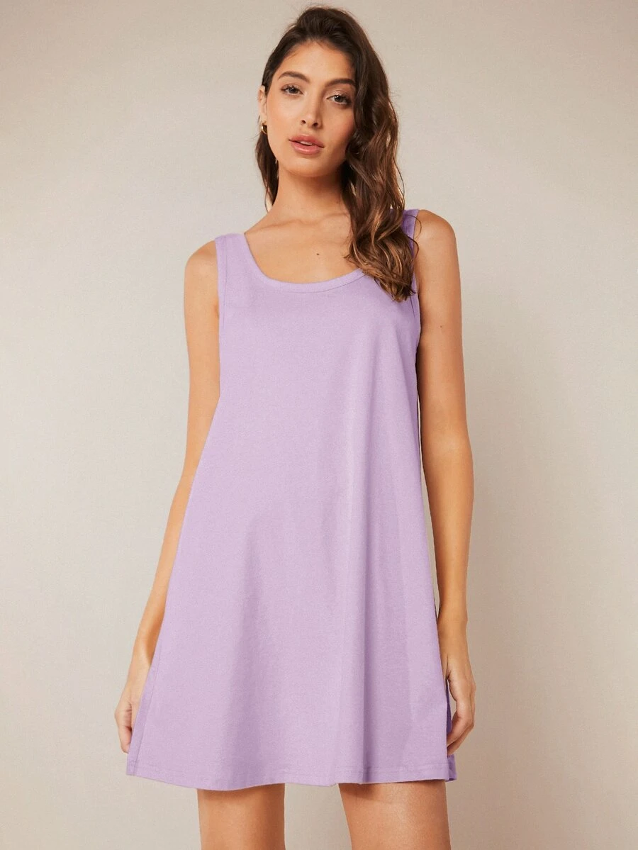 SHEIN BASICS Women's Solid Color Round Neck Casual Tank Style Dress - Lilac Purple - View 1