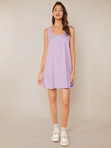 SHEIN BASICS Women's Solid Color Round Neck Casual Tank Style Dress - Lilac Purple - View 4