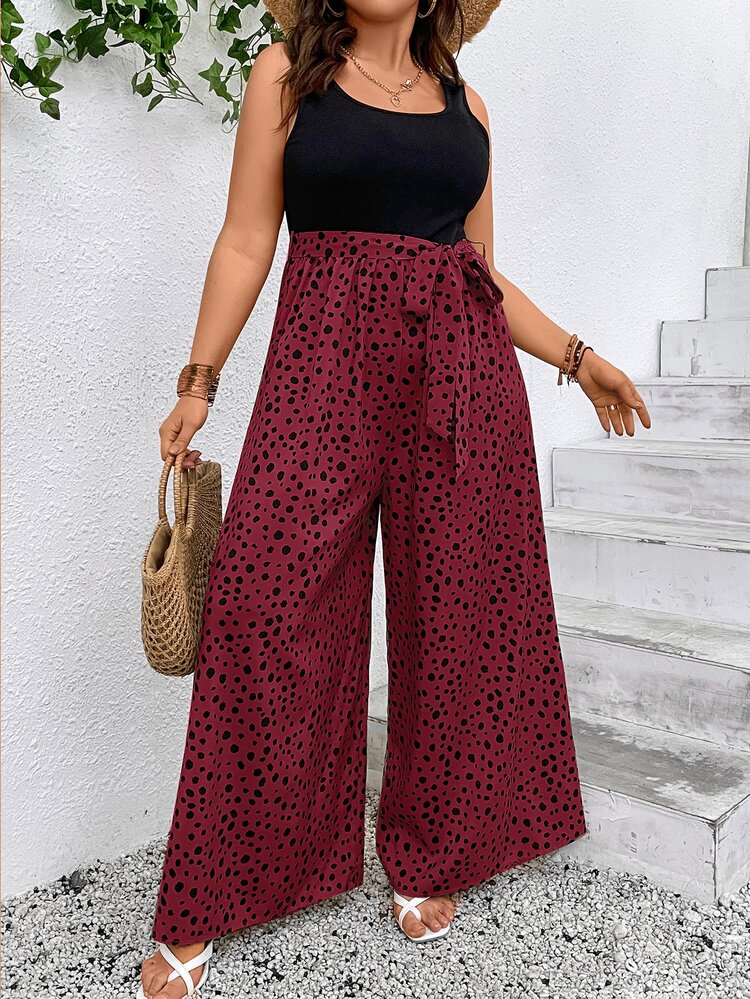 SHEIN LUNE Plus Dalmatian Print Belted Wide Leg Trousers - Red - View 1