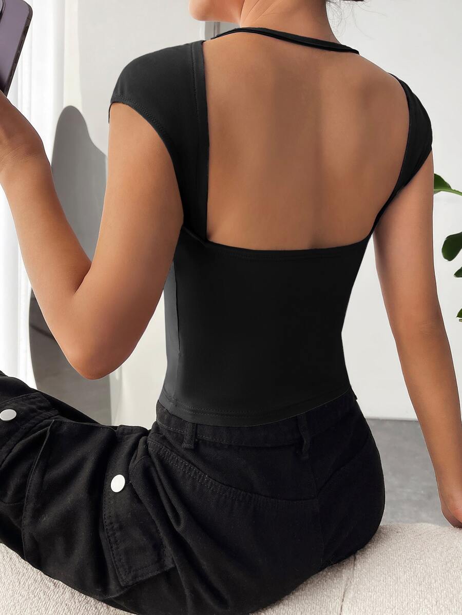 SHEIN EZwear 素色露背蝙蝠袖T恤 - 黑色 - 查看 1